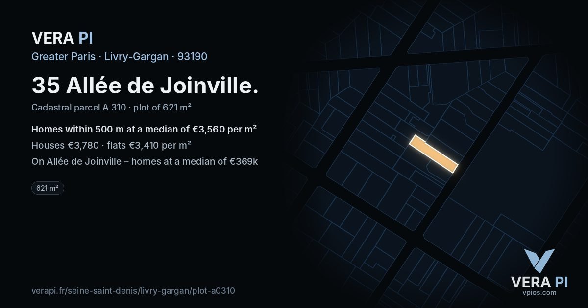 35 Allée de Joinville, Livry-Gargan at night – the plot lit, the parcels around coloured by the prices near them
