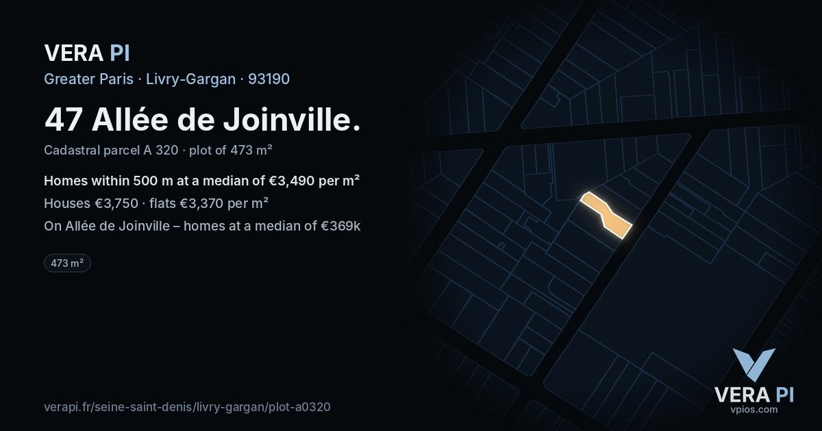 47 Allée de Joinville, Livry-Gargan at night – the plot lit, the parcels around coloured by the prices near them