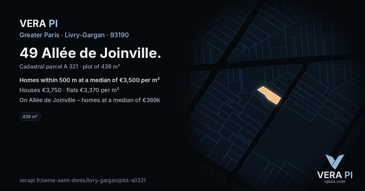 49 Allée de Joinville, Livry-Gargan at night – the plot lit, the parcels around coloured by the prices near them