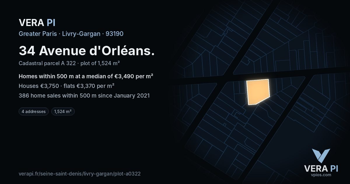 34 Avenue d'Orléans, Livry-Gargan at night – the plot lit, the parcels around coloured by the prices near them