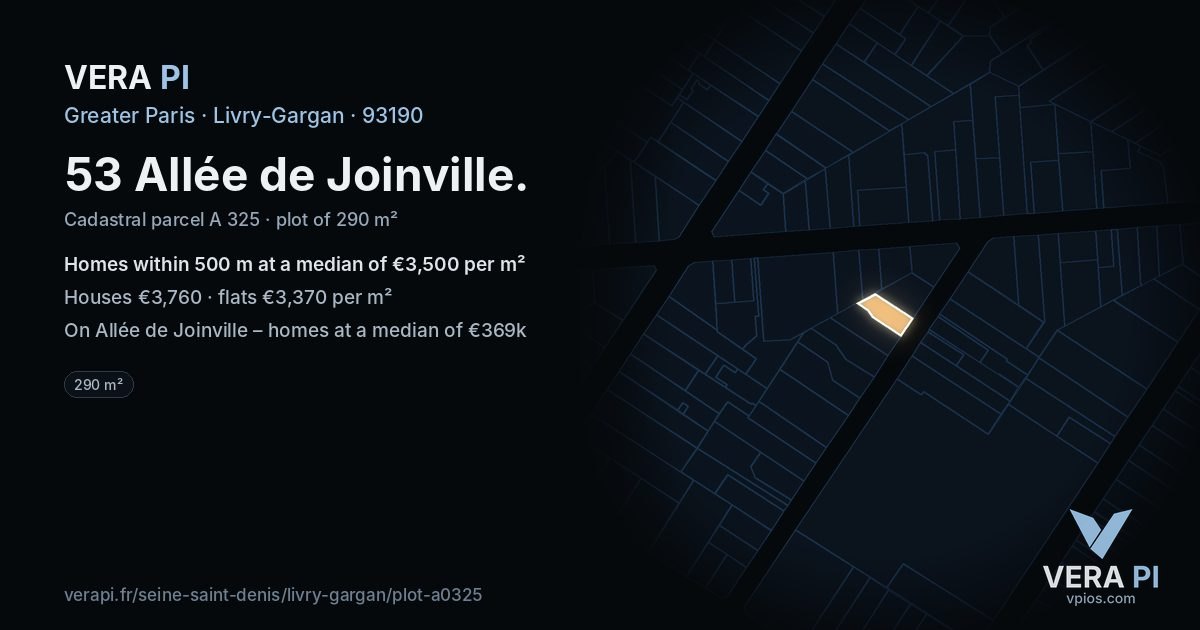 53 Allée de Joinville, Livry-Gargan at night – the plot lit, the parcels around coloured by the prices near them