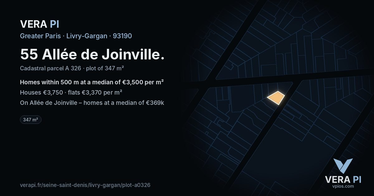 55 Allée de Joinville, Livry-Gargan at night – the plot lit, the parcels around coloured by the prices near them