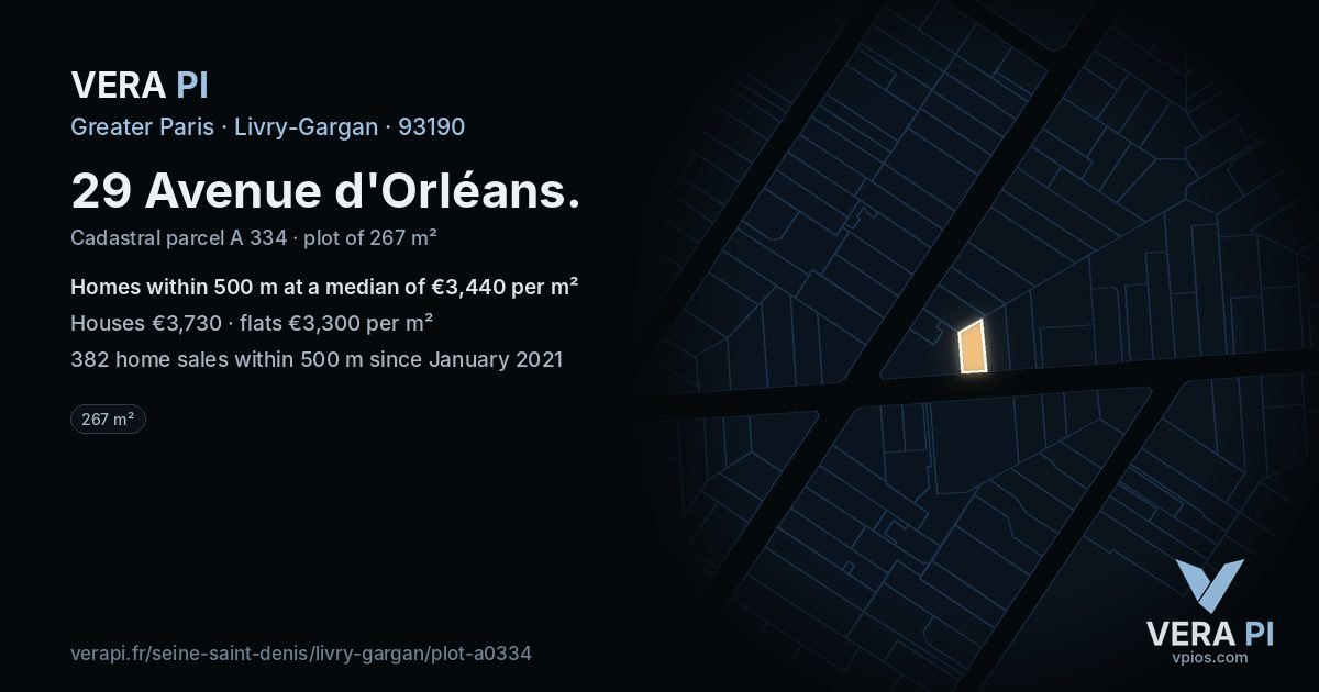 29 Avenue d'Orléans, Livry-Gargan at night – the plot lit, the parcels around coloured by the prices near them