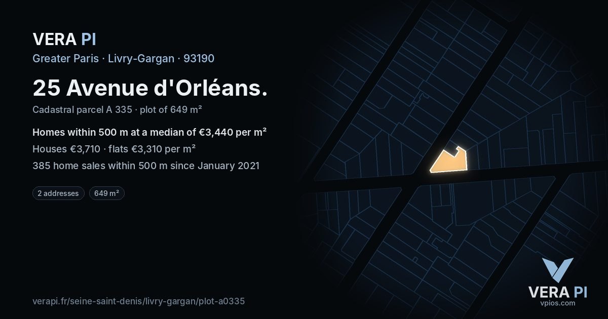25 Avenue d'Orléans, Livry-Gargan at night – the plot lit, the parcels around coloured by the prices near them