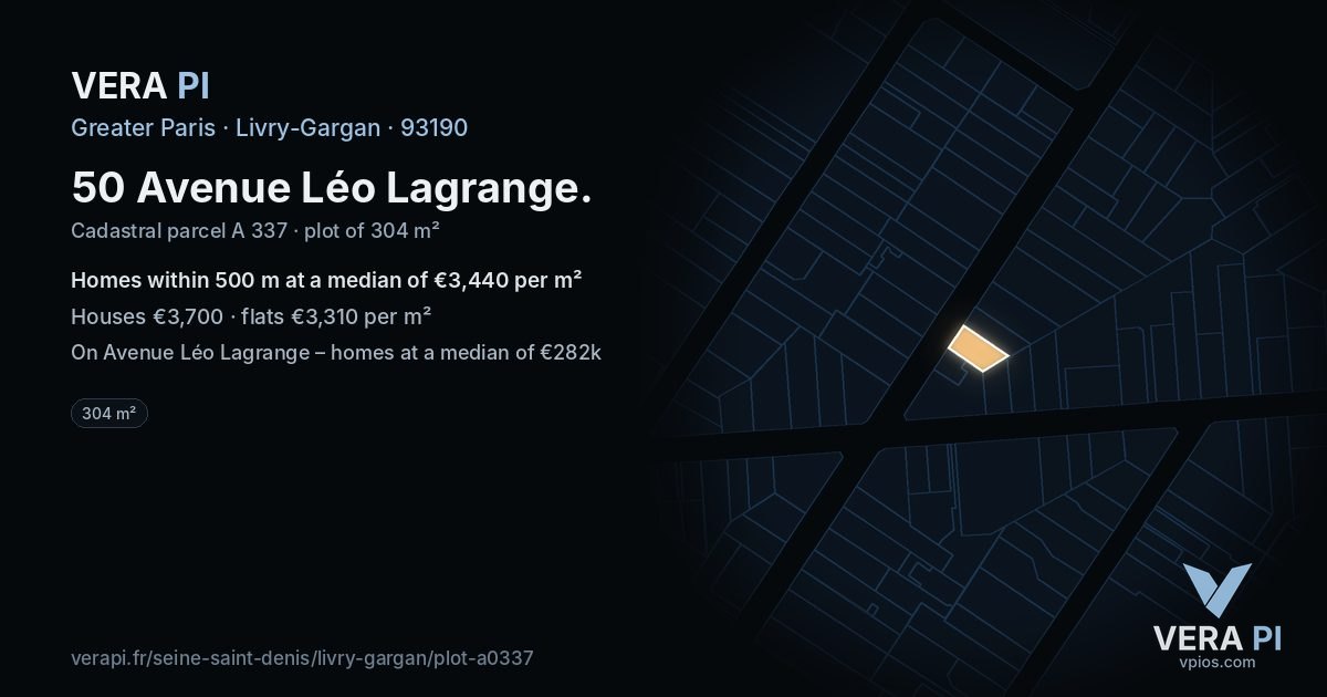 50 Avenue Léo Lagrange, Livry-Gargan at night – the plot lit, the parcels around coloured by the prices near them