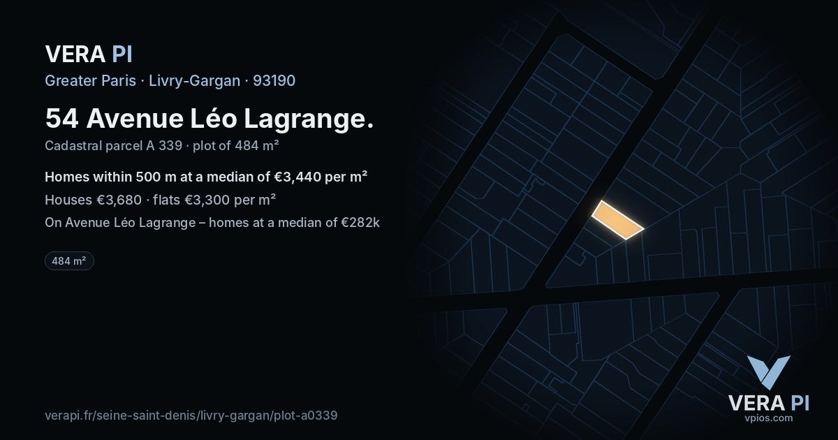 54 Avenue Léo Lagrange, Livry-Gargan at night – the plot lit, the parcels around coloured by the prices near them