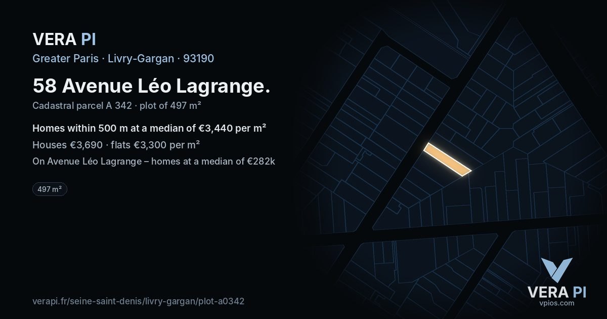 58 Avenue Léo Lagrange, Livry-Gargan at night – the plot lit, the parcels around coloured by the prices near them