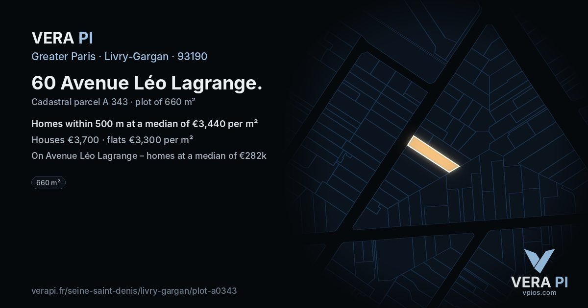 60 Avenue Léo Lagrange, Livry-Gargan at night – the plot lit, the parcels around coloured by the prices near them