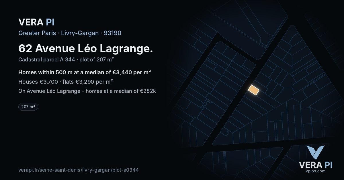 62 Avenue Léo Lagrange, Livry-Gargan at night – the plot lit, the parcels around coloured by the prices near them