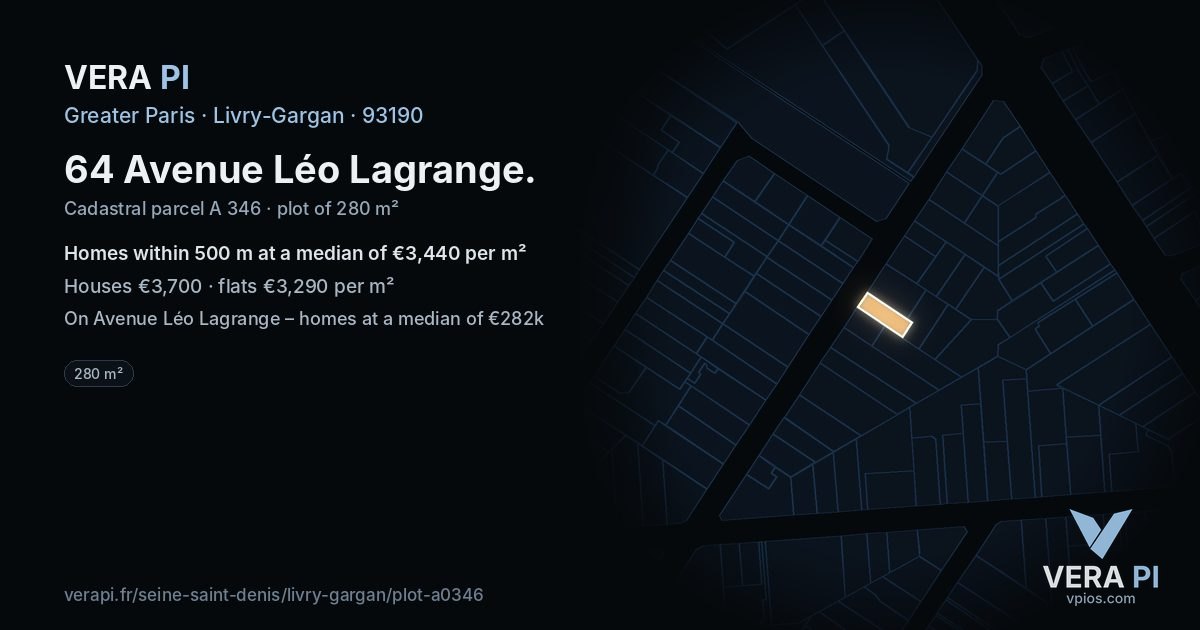 64 Avenue Léo Lagrange, Livry-Gargan at night – the plot lit, the parcels around coloured by the prices near them