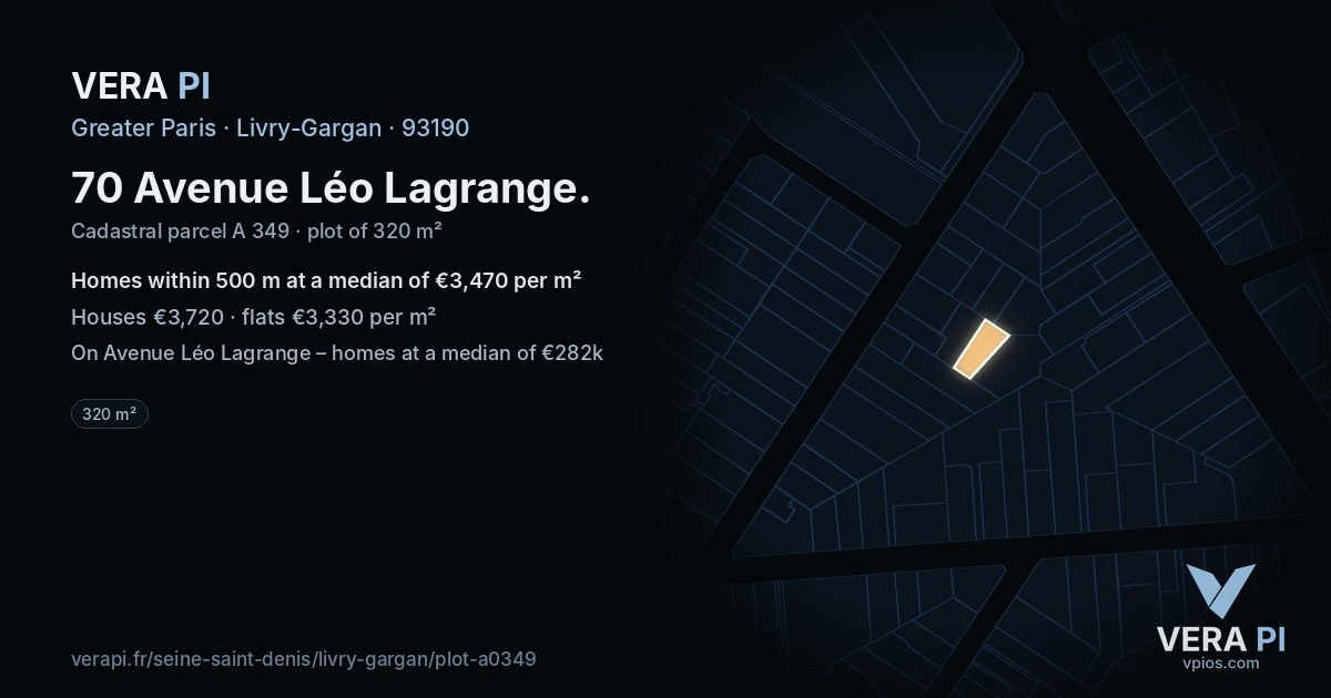 70 Avenue Léo Lagrange, Livry-Gargan at night – the plot lit, the parcels around coloured by the prices near them