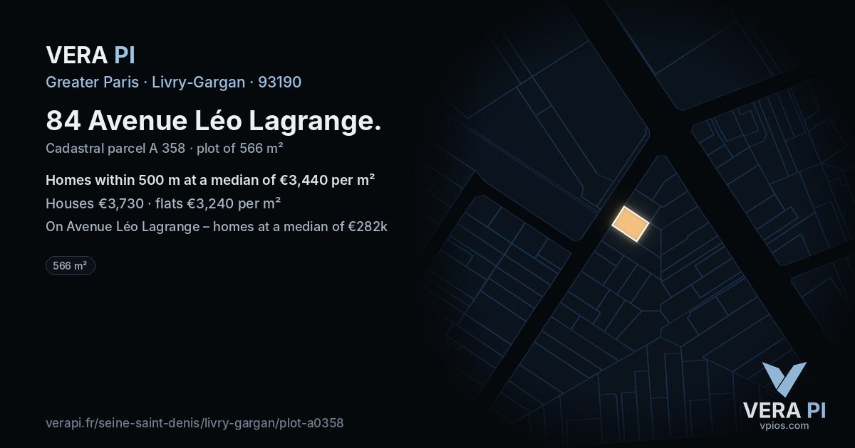 84 Avenue Léo Lagrange, Livry-Gargan at night – the plot lit, the parcels around coloured by the prices near them