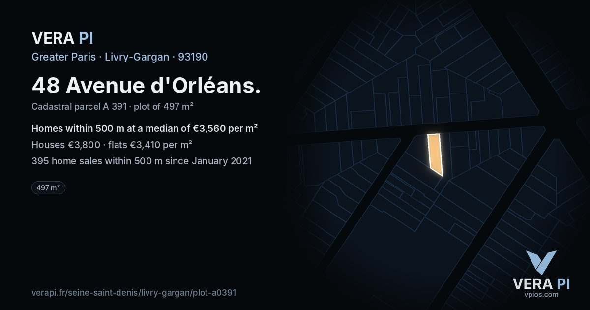48 Avenue d'Orléans, Livry-Gargan at night – the plot lit, the parcels around coloured by the prices near them