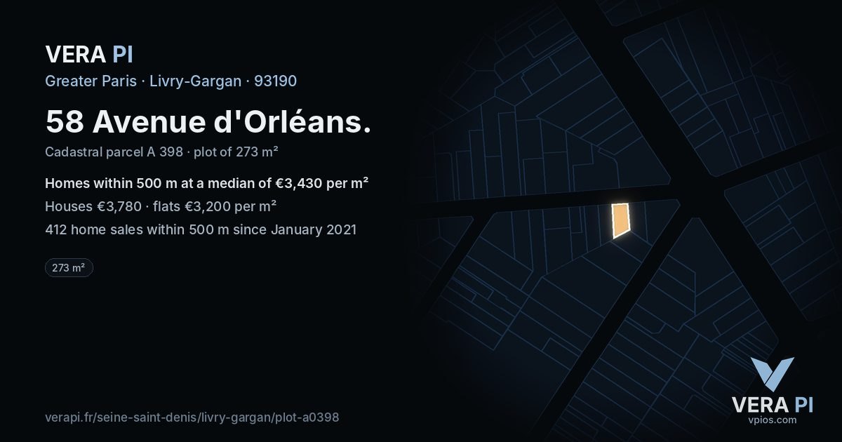 58 Avenue d'Orléans, Livry-Gargan at night – the plot lit, the parcels around coloured by the prices near them