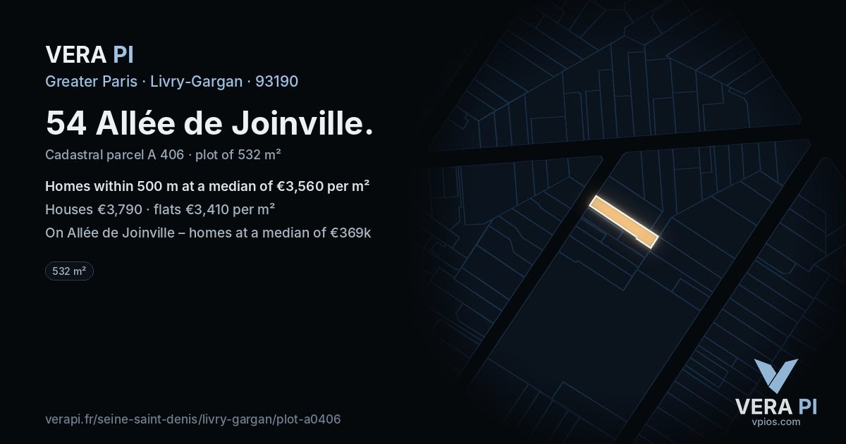 54 Allée de Joinville, Livry-Gargan at night – the plot lit, the parcels around coloured by the prices near them
