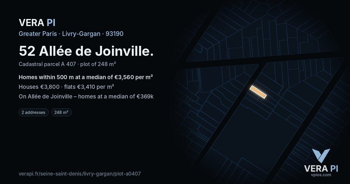 52 Allée de Joinville, Livry-Gargan at night – the plot lit, the parcels around coloured by the prices near them