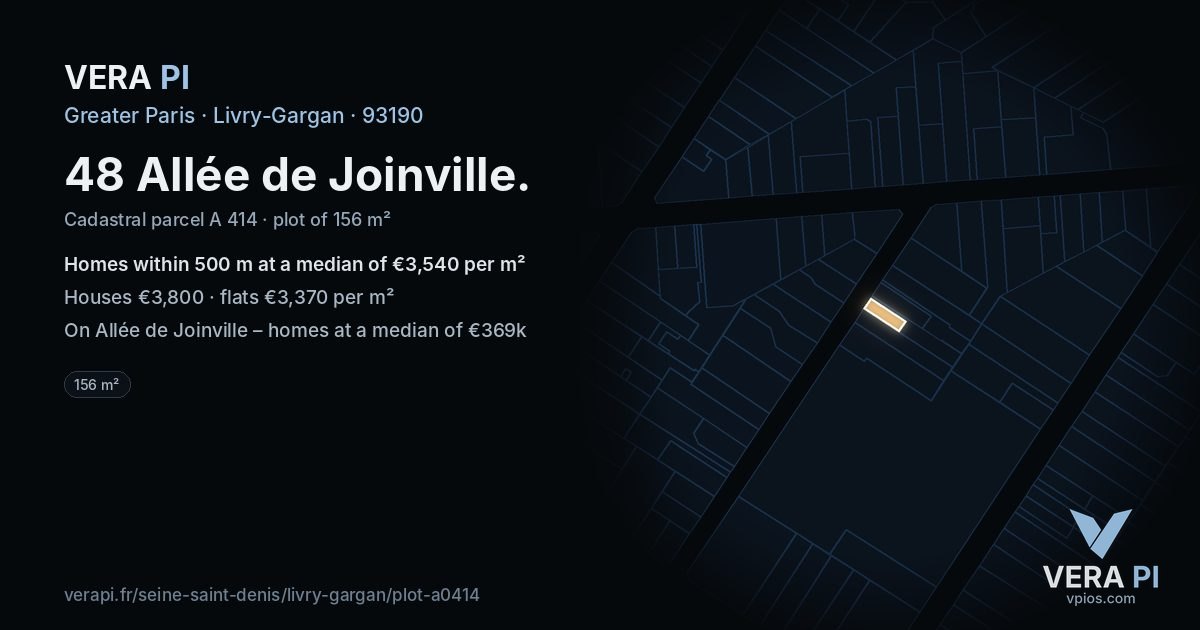 48 Allée de Joinville, Livry-Gargan at night – the plot lit, the parcels around coloured by the prices near them