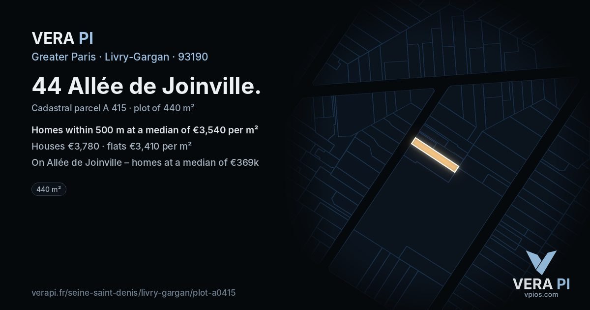 44 Allée de Joinville, Livry-Gargan at night – the plot lit, the parcels around coloured by the prices near them