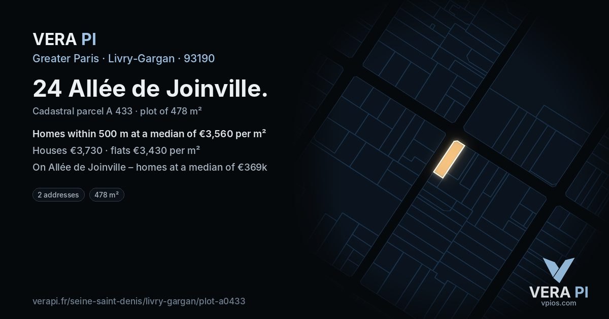 24 Allée de Joinville, Livry-Gargan at night – the plot lit, the parcels around coloured by the prices near them