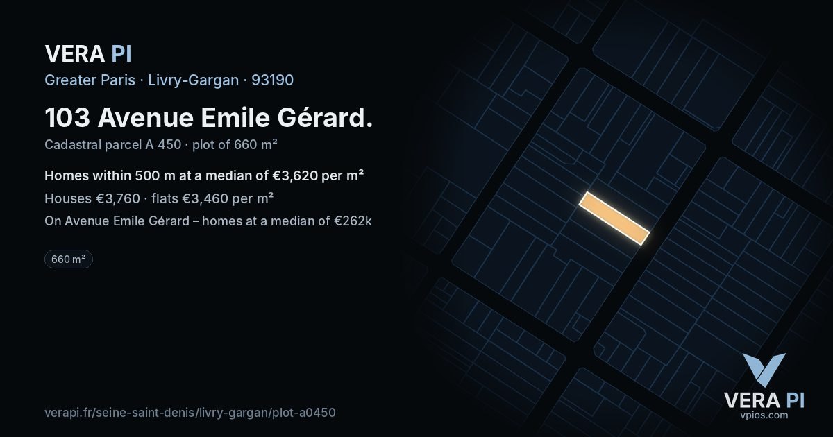 103 Avenue Emile Gérard, Livry-Gargan at night – the plot lit, the parcels around coloured by the prices near them