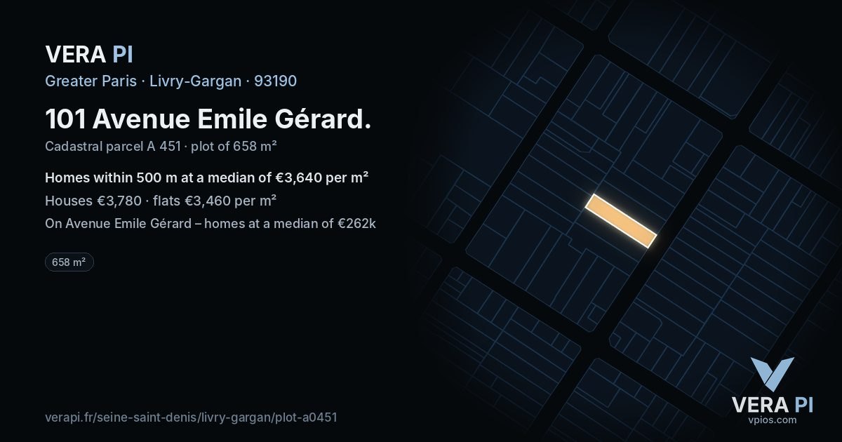 101 Avenue Emile Gérard, Livry-Gargan at night – the plot lit, the parcels around coloured by the prices near them