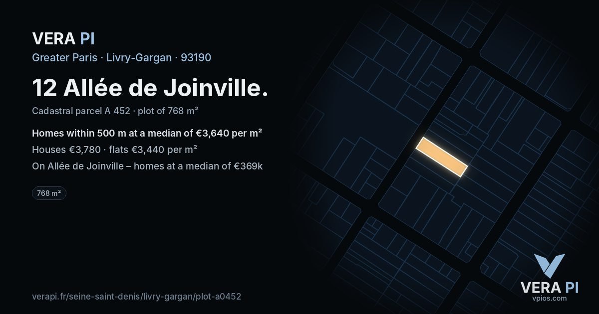 12 Allée de Joinville, Livry-Gargan at night – the plot lit, the parcels around coloured by the prices near them