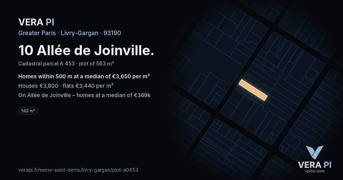 10 Allée de Joinville, Livry-Gargan at night – the plot lit, the parcels around coloured by the prices near them