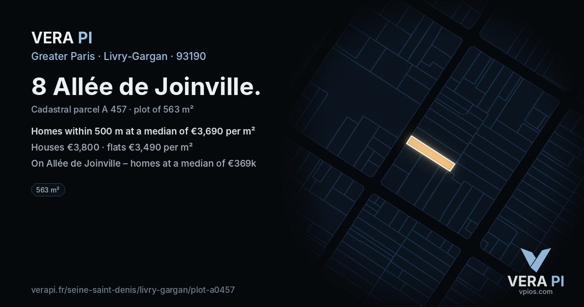8 Allée de Joinville, Livry-Gargan at night – the plot lit, the parcels around coloured by the prices near them