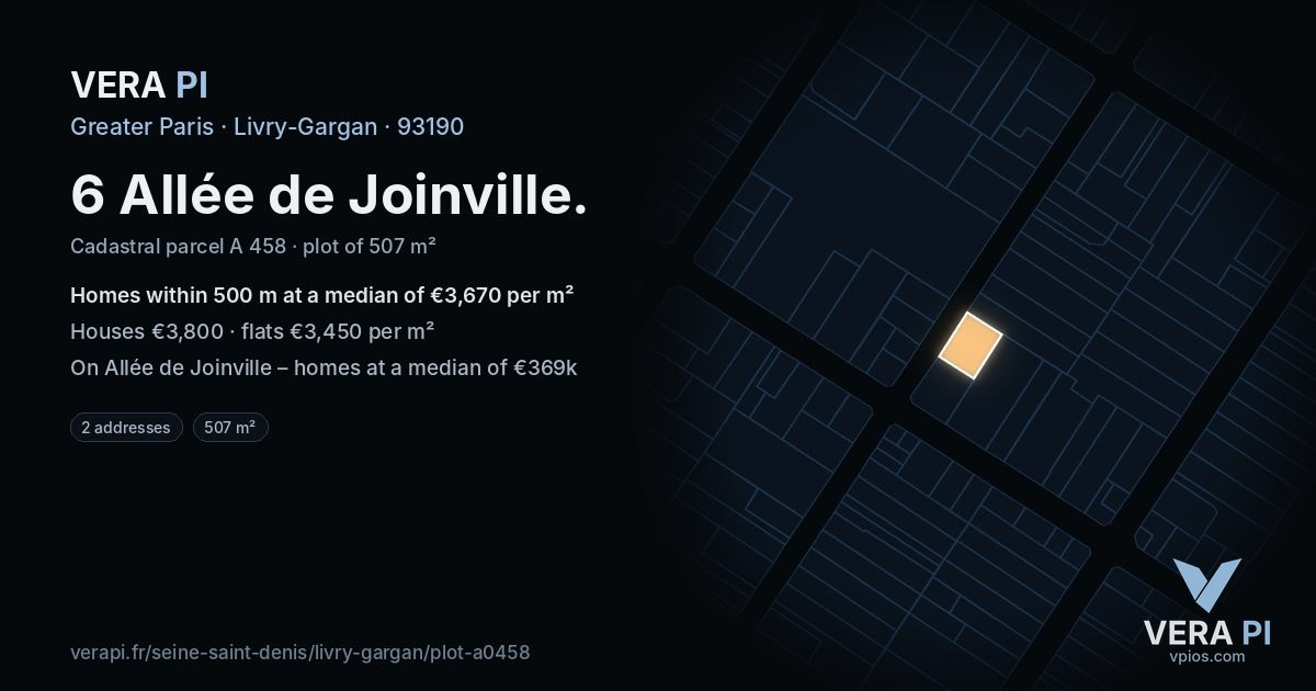 6 Allée de Joinville, Livry-Gargan at night – the plot lit, the parcels around coloured by the prices near them