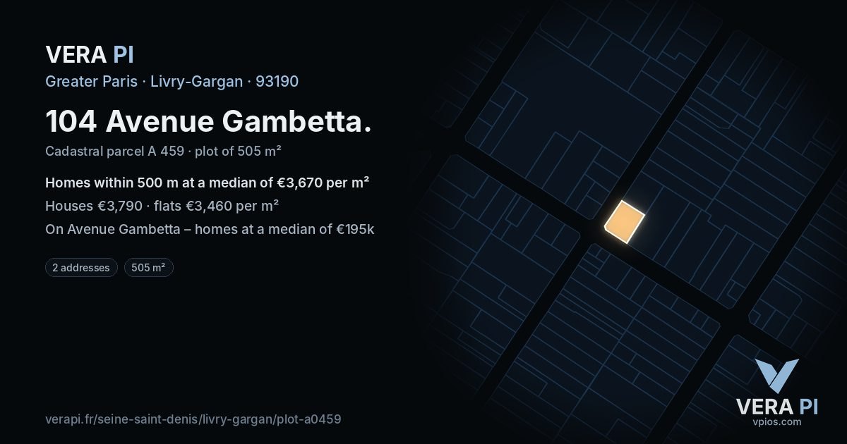 104 Avenue Gambetta, Livry-Gargan at night – the plot lit, the parcels around coloured by the prices near them