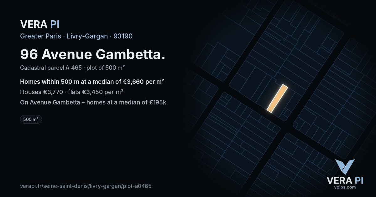 96 Avenue Gambetta, Livry-Gargan at night – the plot lit, the parcels around coloured by the prices near them