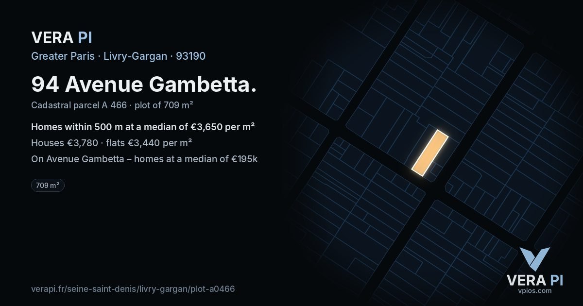 94 Avenue Gambetta, Livry-Gargan at night – the plot lit, the parcels around coloured by the prices near them