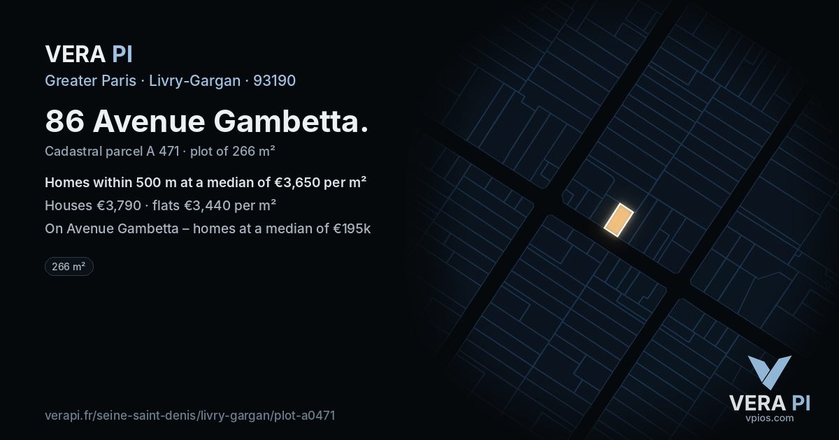 86 Avenue Gambetta, Livry-Gargan at night – the plot lit, the parcels around coloured by the prices near them