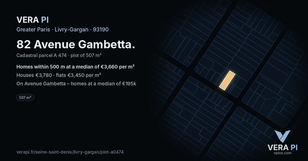 82 Avenue Gambetta, Livry-Gargan at night – the plot lit, the parcels around coloured by the prices near them