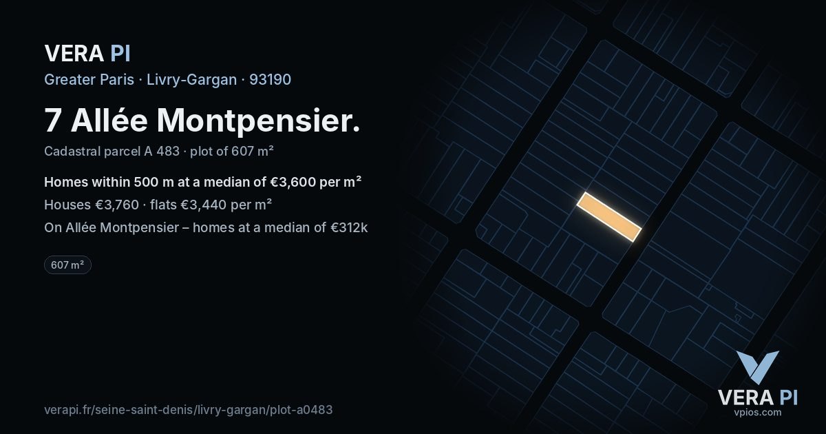 7 Allée Montpensier, Livry-Gargan at night – the plot lit, the parcels around coloured by the prices near them