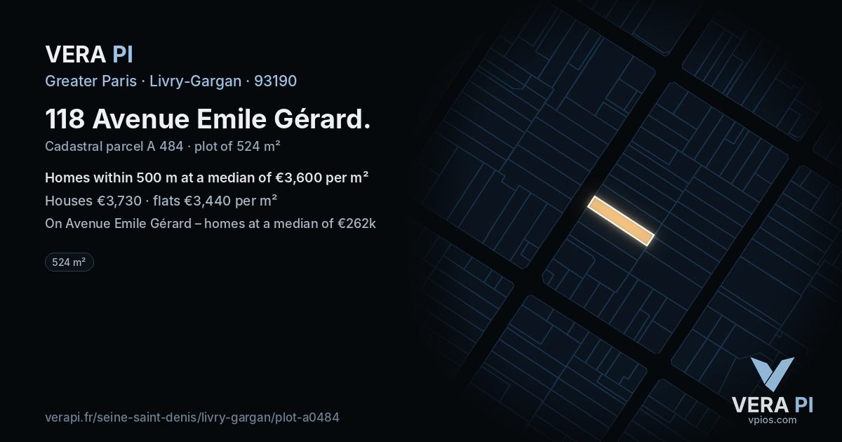118 Avenue Emile Gérard, Livry-Gargan at night – the plot lit, the parcels around coloured by the prices near them