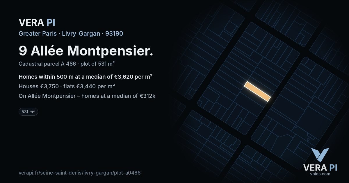 9 Allée Montpensier, Livry-Gargan at night – the plot lit, the parcels around coloured by the prices near them