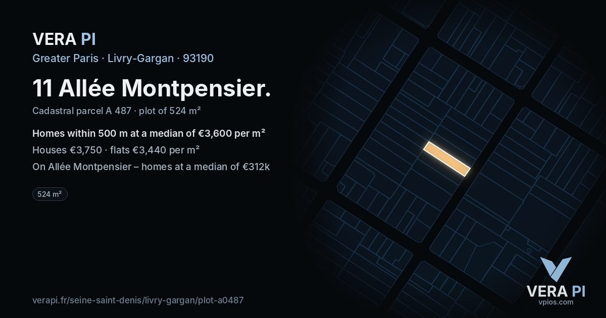 11 Allée Montpensier, Livry-Gargan at night – the plot lit, the parcels around coloured by the prices near them
