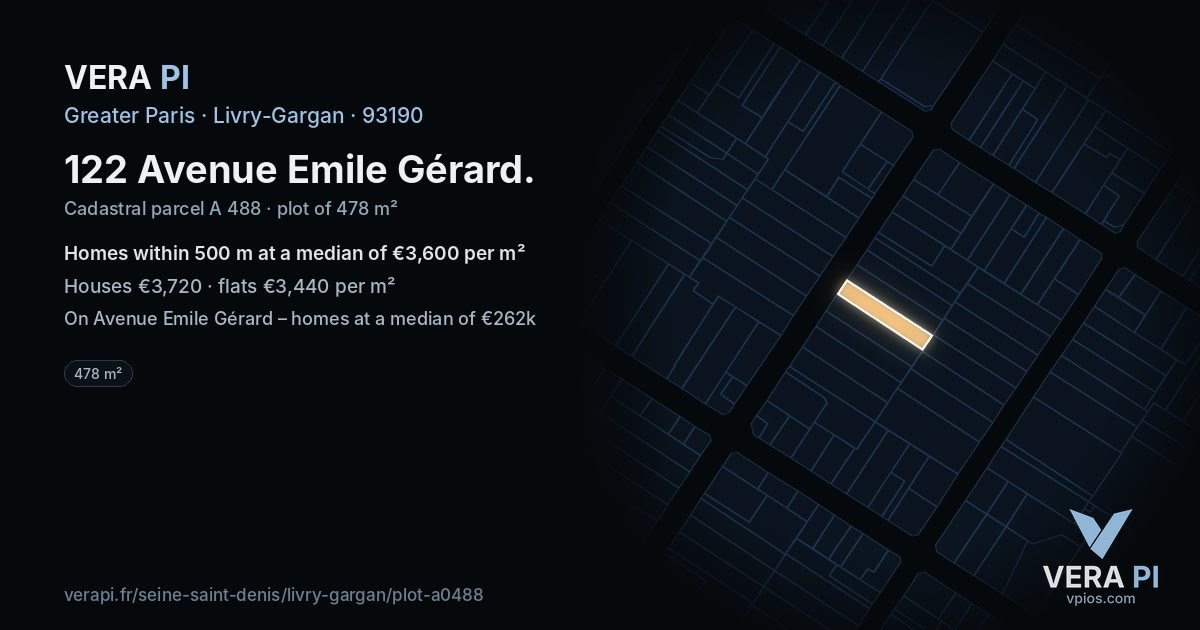 122 Avenue Emile Gérard, Livry-Gargan at night – the plot lit, the parcels around coloured by the prices near them