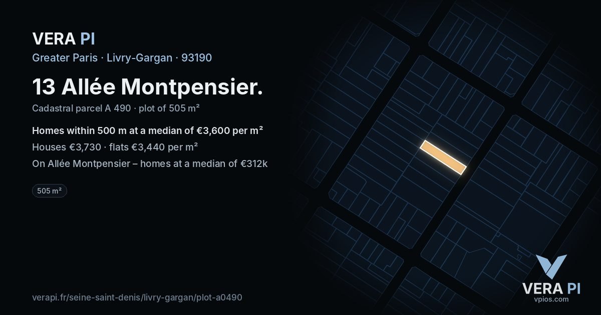 13 Allée Montpensier, Livry-Gargan at night – the plot lit, the parcels around coloured by the prices near them