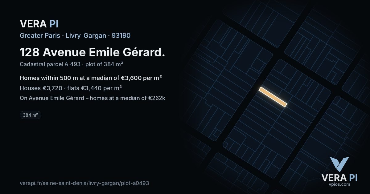 128 Avenue Emile Gérard, Livry-Gargan at night – the plot lit, the parcels around coloured by the prices near them