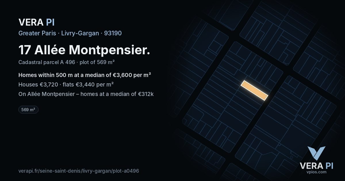 17 Allée Montpensier, Livry-Gargan at night – the plot lit, the parcels around coloured by the prices near them
