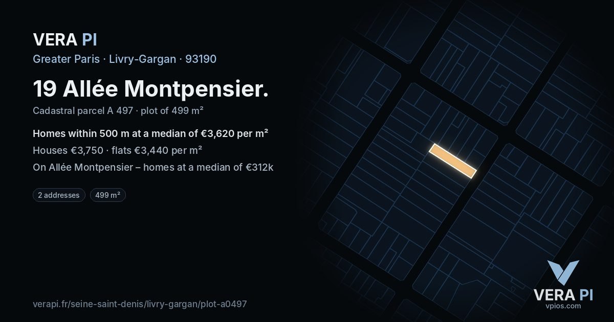 19 Allée Montpensier, Livry-Gargan at night – the plot lit, the parcels around coloured by the prices near them