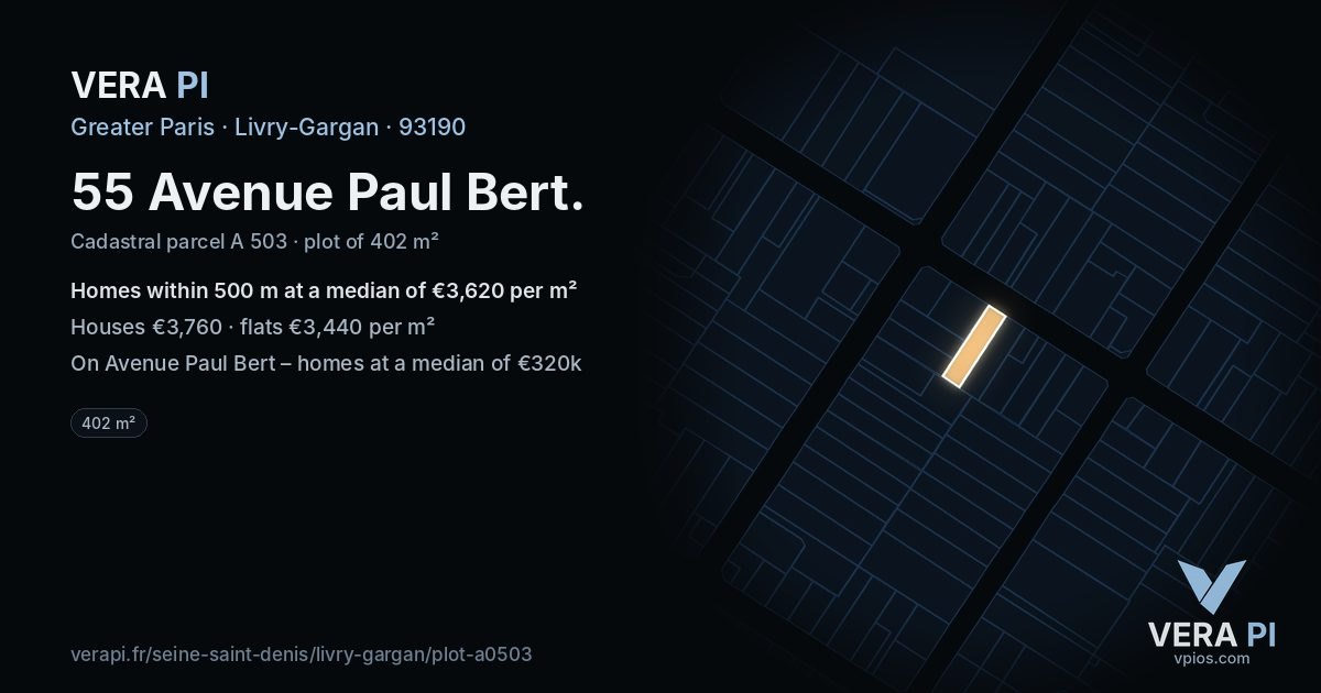 55 Avenue Paul Bert, Livry-Gargan at night – the plot lit, the parcels around coloured by the prices near them