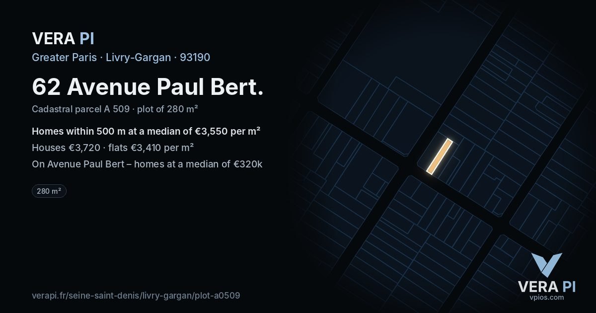 62 Avenue Paul Bert, Livry-Gargan at night – the plot lit, the parcels around coloured by the prices near them