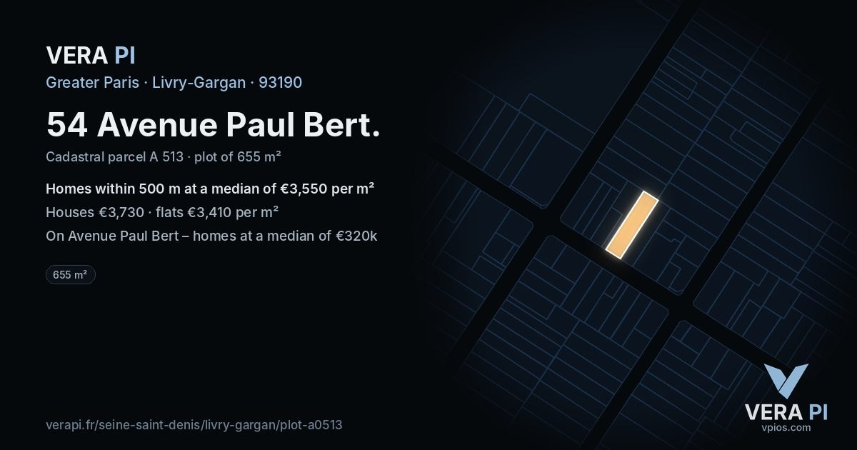 54 Avenue Paul Bert, Livry-Gargan at night – the plot lit, the parcels around coloured by the prices near them