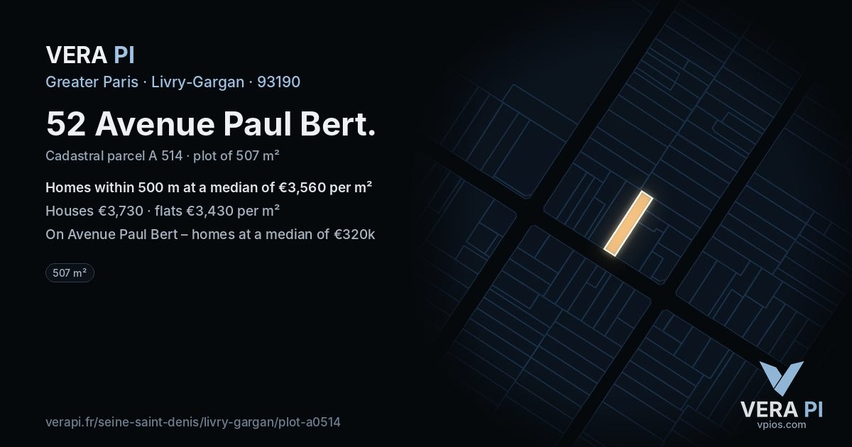 52 Avenue Paul Bert, Livry-Gargan at night – the plot lit, the parcels around coloured by the prices near them