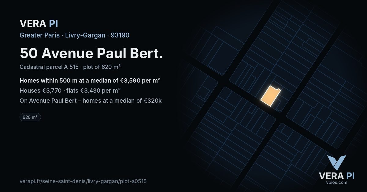 50 Avenue Paul Bert, Livry-Gargan at night – the plot lit, the parcels around coloured by the prices near them