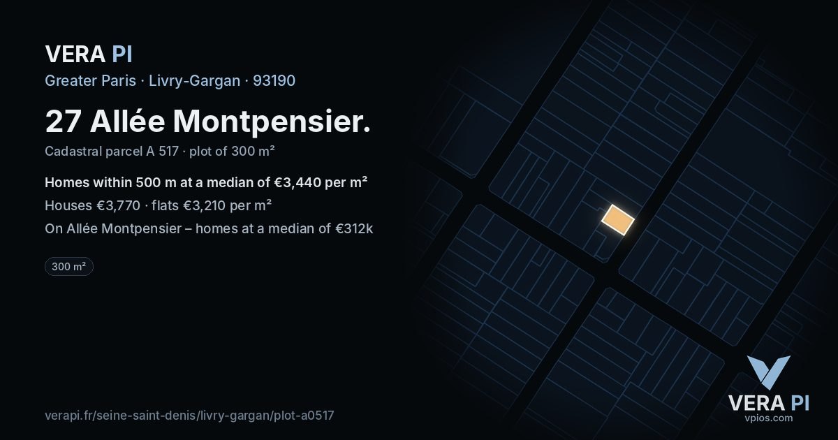 27 Allée Montpensier, Livry-Gargan at night – the plot lit, the parcels around coloured by the prices near them
