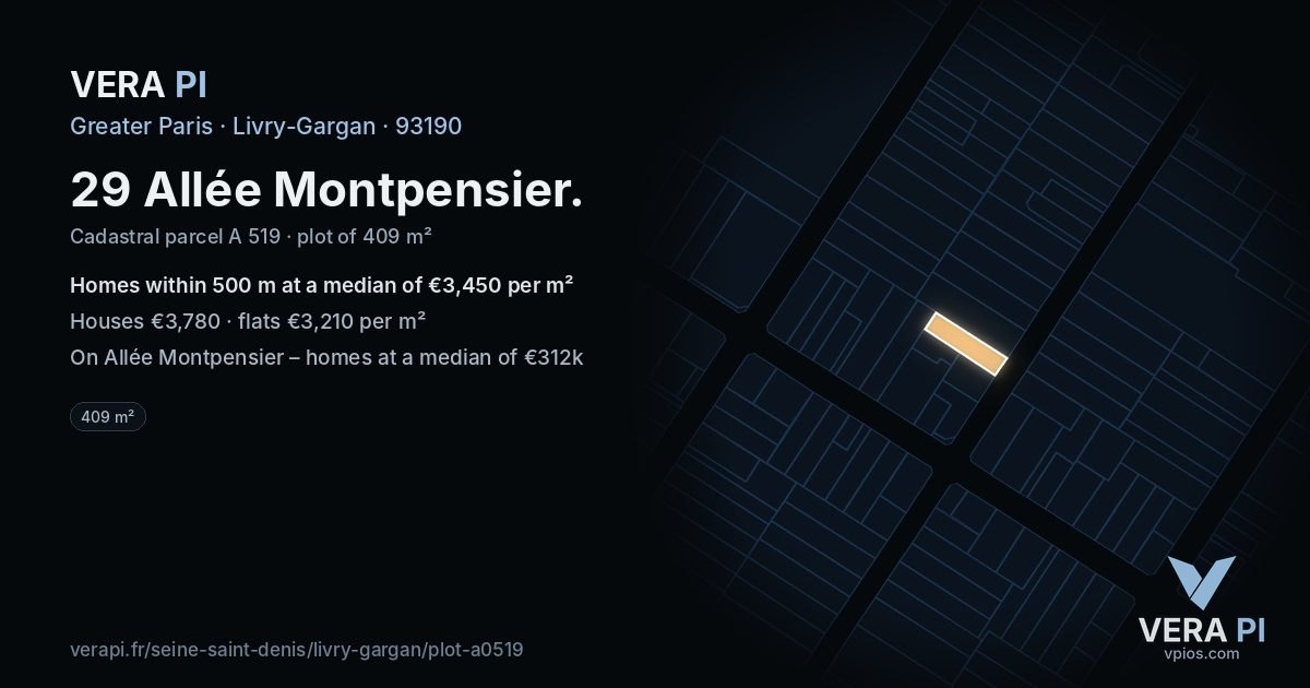 29 Allée Montpensier, Livry-Gargan at night – the plot lit, the parcels around coloured by the prices near them